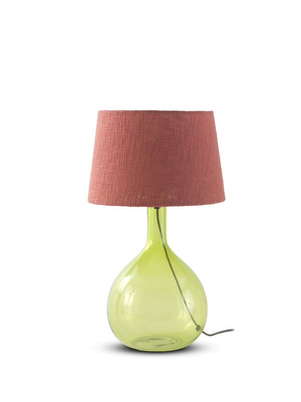 Candeeiro de mesa de vidro verde com abajur de algodão terracotta