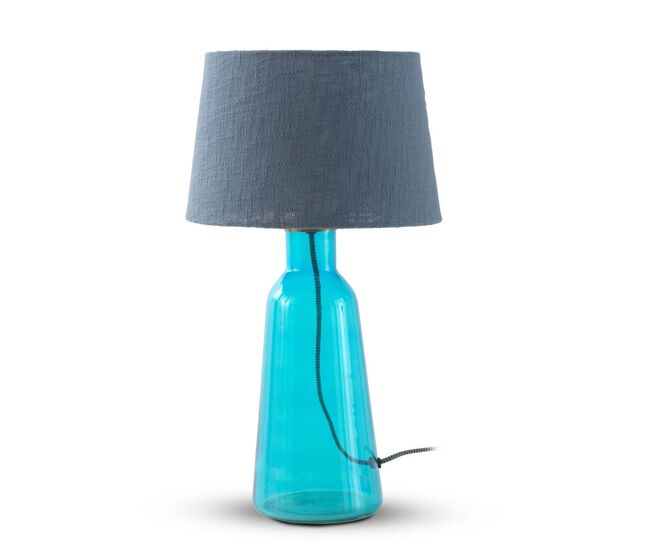 Candeeiro de mesa de vidro azul com abaixo de algodão azul