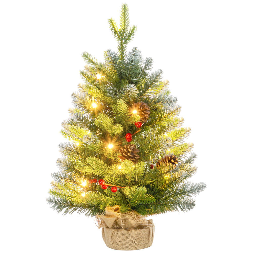 Homcom árvore de natal 60 cm árvore de natal artificial de mesa com 20 luzes led 141 ramos 5 pinhas 5 bagas vermelhas e suporte de metal árvore