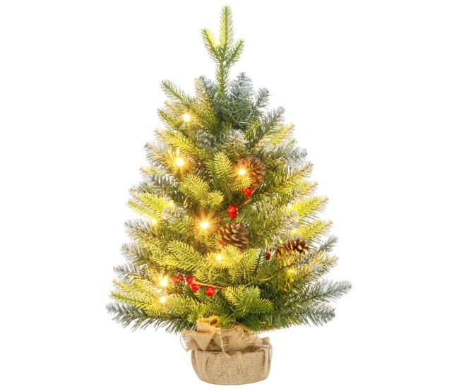 Homcom árvore de natal 60 cm árvore de natal artificial de mesa com 20 luzes led 141 ramos 5 pinhas 5 bagas vermelhas e suporte de metal árvore