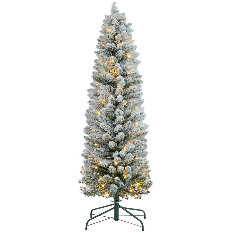 Homcom árvore de natal 150 cm árvore de natal artificial nevada com 120 luzes led 263 ramos e suporte de metal árvore de natal para sala de estar