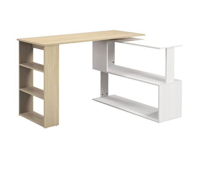 Homcom mesa de computador secretária mesa de canto giratória 360° com 5 prateleiras para casa escritório madeira e branco
