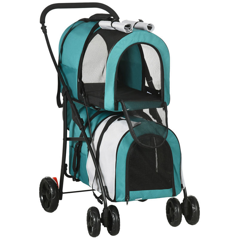 Pawhut carrinho duplo para cães gatos carrinho dobrável para animais de estimação com 2 transportadoras portáteis cinto de segurança bolsos laterais e