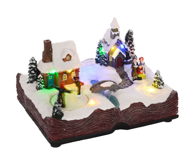 Homcom aldeia de natal cena natalícia com luzes led música e patinadores giratórios decoração de natal 23x18x15 cm multicor