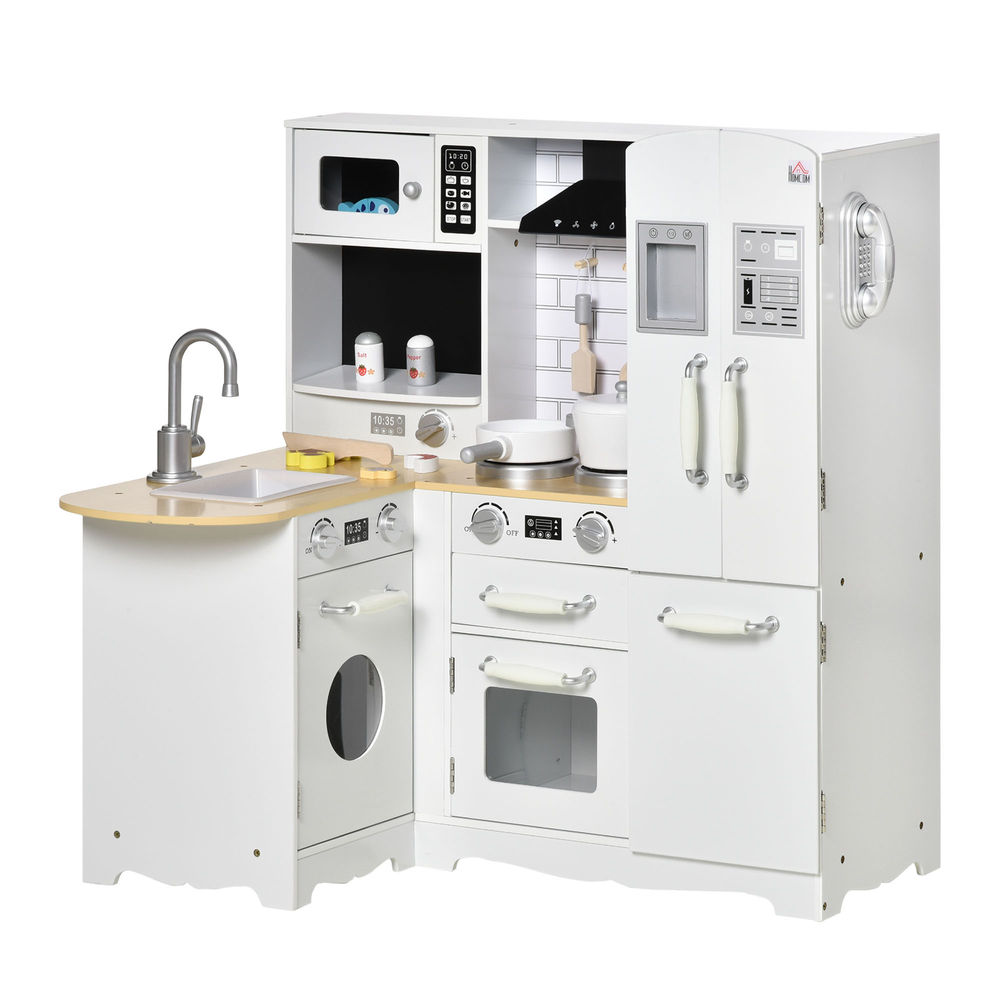 Homcom cozinha infantil de madeira para enfants acima de 3 anos com sons 14 acessórios cozinha infantil com telefone lavatório microondas e grifo 82x65x87cm blanc