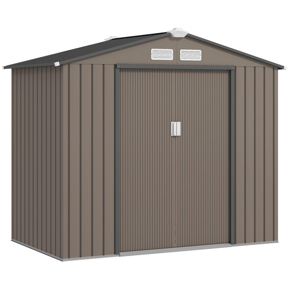 Outsunny abrigo de jardim 213x130x185 cm abrigo de jardim metálico de exterior para armazenamento de ferramentas com 2 portas deslizantes e 4 janelas
