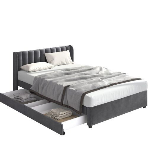 Cama de casal de veludo 140x200cm com 2 gavetas,cinzento