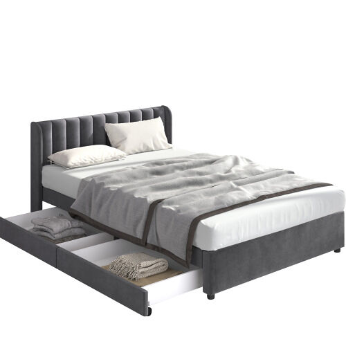 Cama de casal de veludo 180x200cm com 2 gavetas,cinzento