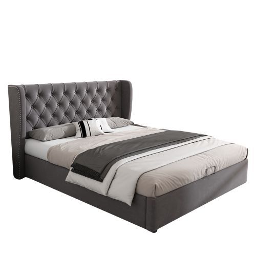 Cama de casal de veludo 140x190cm com armazenamento,cinzento