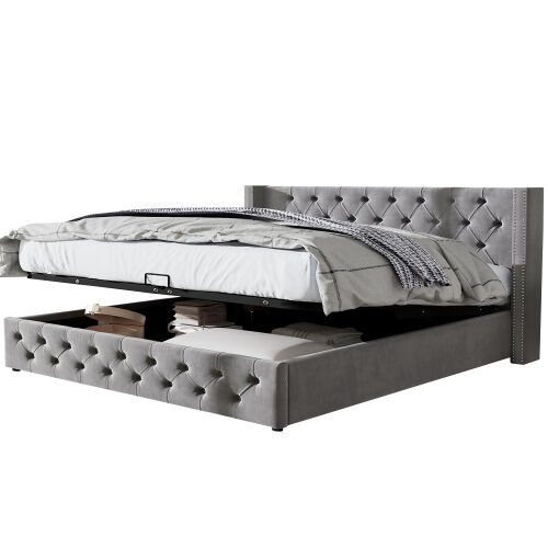 Cama de casal de veludo 160x200cm com armazenamento,cinzento