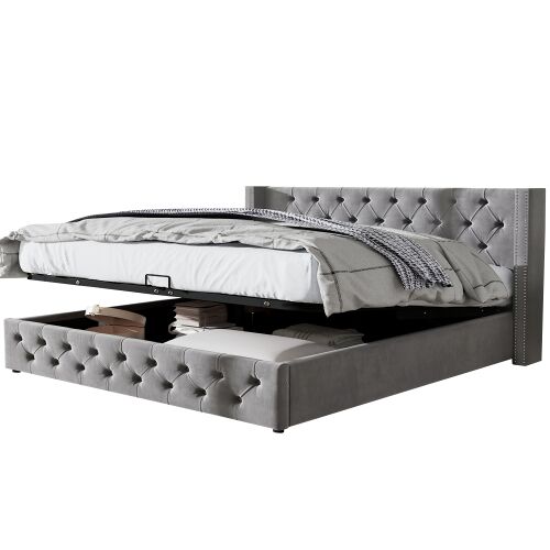 Cama de casal de veludo 160x200cm com armazenamento,cinzento