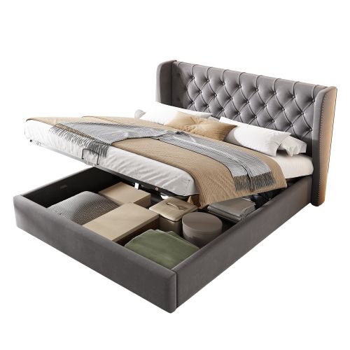 Cama de casal de veludo 160x200cm com armazenamento,cinzento