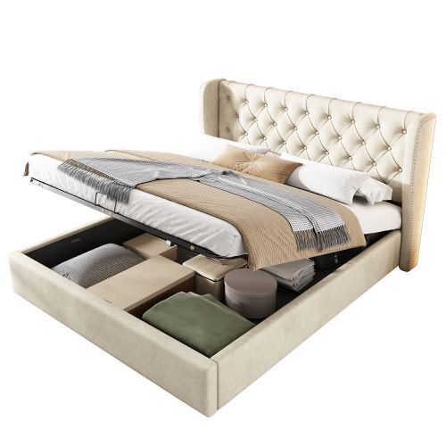 Cama de casal de veludo 140x200cm com armazenamento,bege