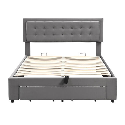 Cama de casal de veludo 140x190cm com armazenamento e 1 gaveta,cinzento