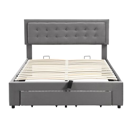 Cama de casal de veludo 140x190cm com armazenamento e 1 gaveta,cinzento