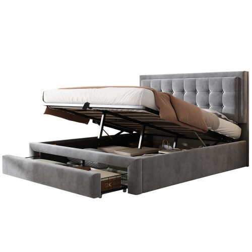 Cama de casal de veludo 140x200cm com armazenamento e 1 gaveta,cinzento