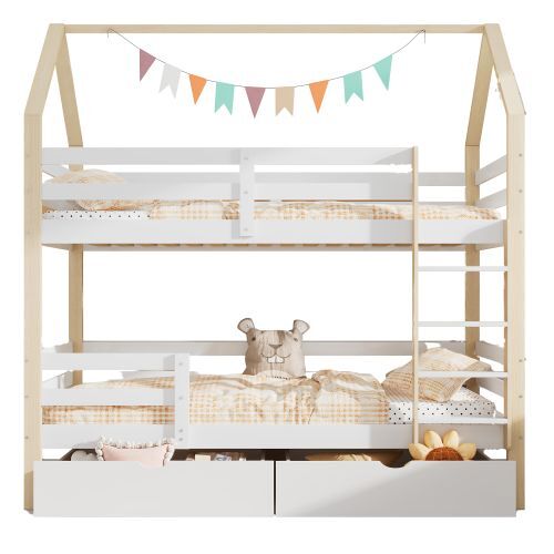 Beliche,cama-casa de madeira de pinho 90x200cm com 2 gavetas,branco+natural