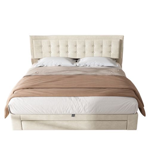 Cama de casal de veludo 160x200cm com armazenamento e 1 gaveta,bege