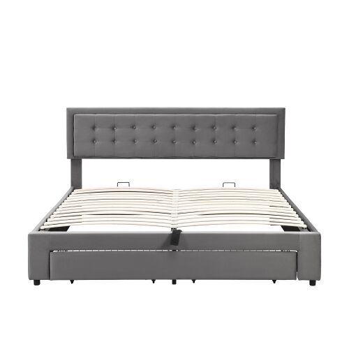 Cama de casal de veludo 160x200cm com armazenamento e 1 gaveta,cinzento