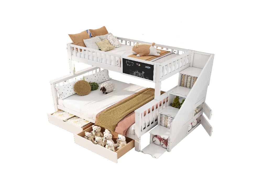 Beliche triplo de madeira de pinho 90x200(140x200)cm com 2 gavetas,branco