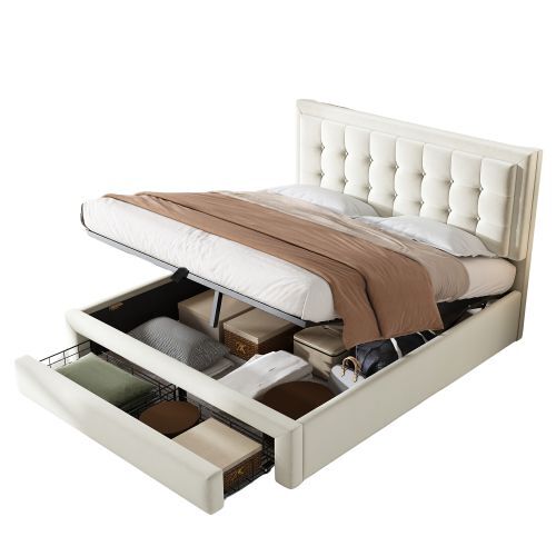 Cama de casal de veludo 140x200cm com armazenamento e 1 gaveta,bege