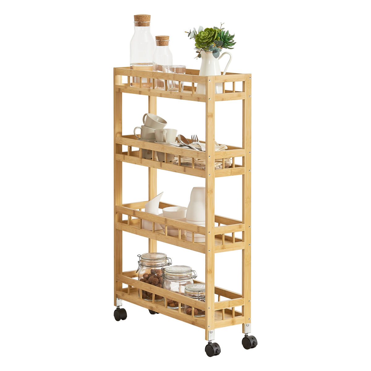 Carrinho de serviço pyhäjoki com rodas bambu/plástico 96 x 60 x 18 cm natural [en.casa]