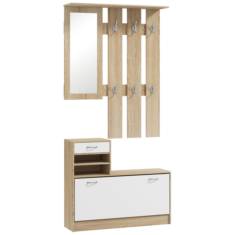 Homcom móvel cabide de entrada de 3 peças armário de entrada com cabide espelho sapateira e gaveta 90x10x102 cm branco e madeira