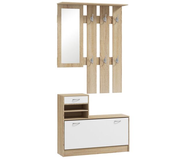 Homcom móvel cabide de entrada de 3 peças armário de entrada com cabide espelho sapateira e gaveta 90x10x102 cm branco e madeira