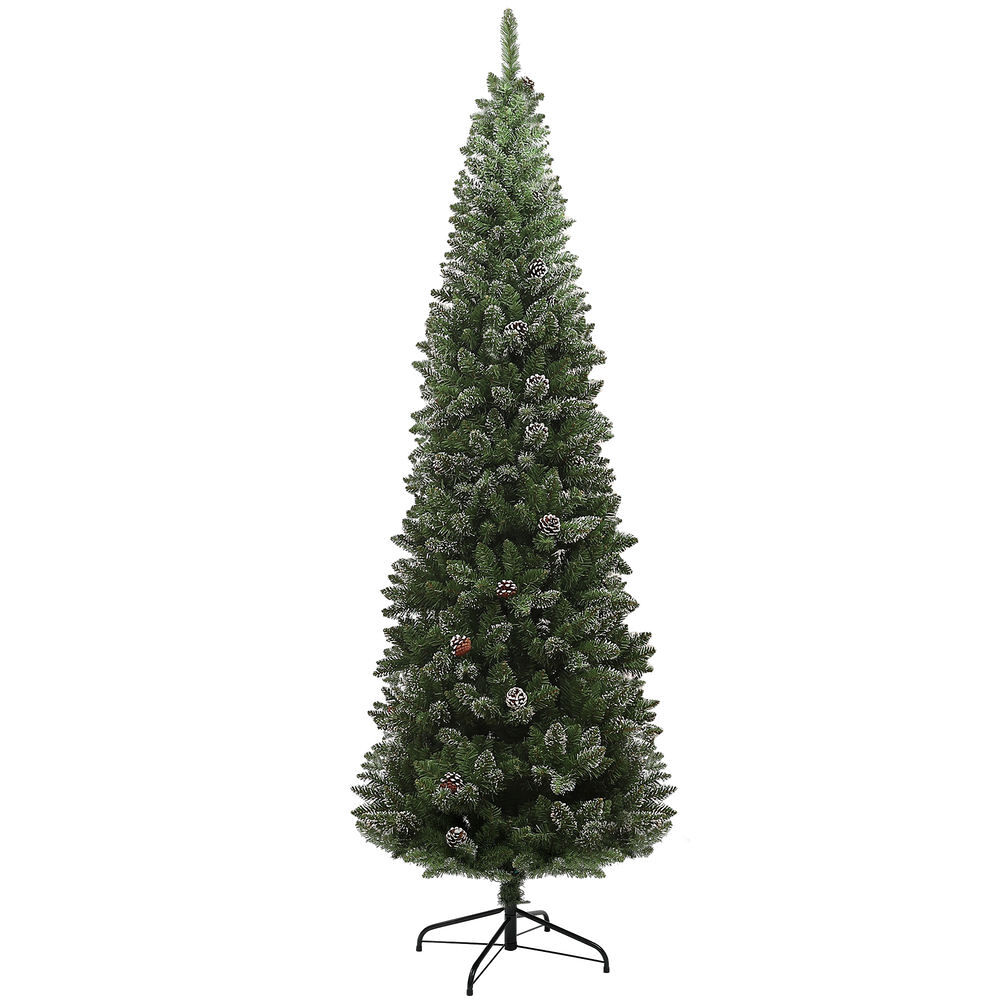 Homcom árvore de natal estreita 225 cm artificial com 980 ramos com neve, 75 pinhas e suporte de metal, decoração natalícia para sala interior verde