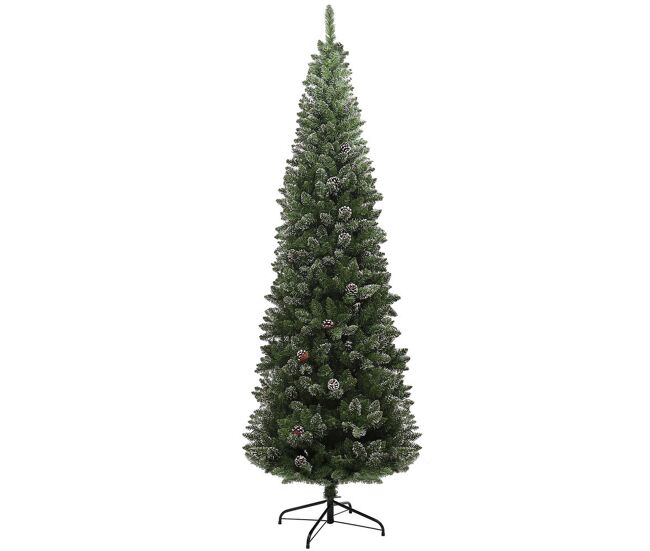 Homcom árvore de natal estreita 225 cm artificial com 980 ramos com neve, 75 pinhas e suporte de metal, decoração natalícia para sala interior verde