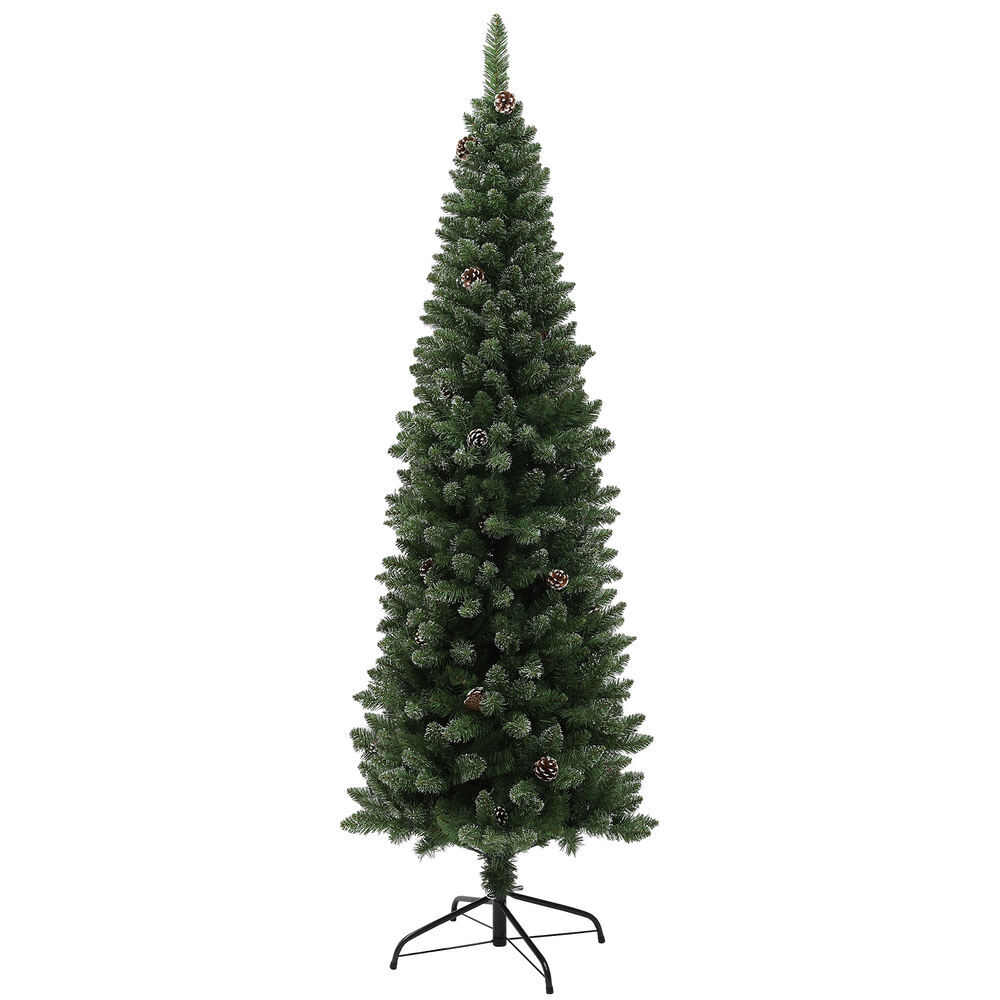 Homcom árvore de natal estreita 180 cm árvore de natal artificial com 618 ramos com neve, 30 pinhas e suporte de metal, árvore natalícia para sala