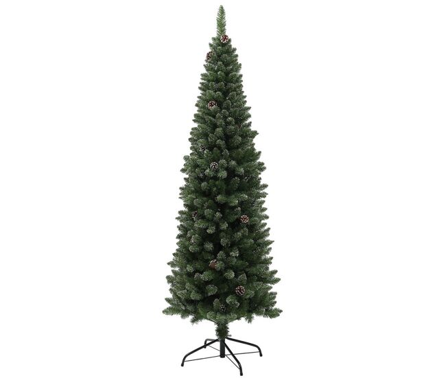 Homcom árvore de natal estreita 180 cm árvore de natal artificial com 618 ramos com neve, 30 pinhas e suporte de metal, árvore natalícia para sala