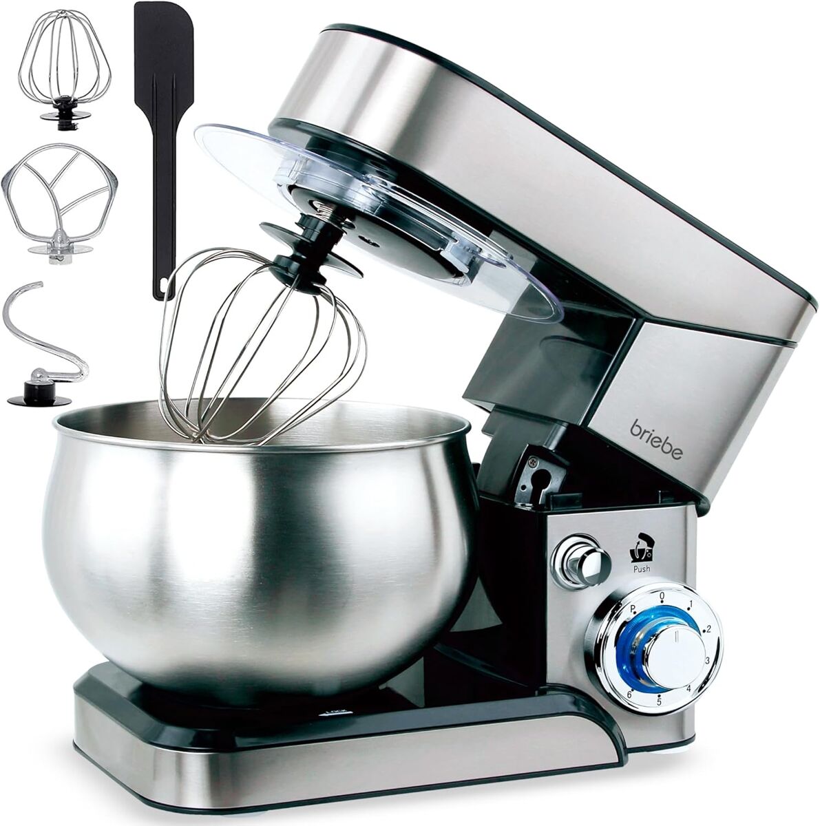Briebe km1114 batedeira planetária com taça profissional, robô de cozinha, 5l, 6 velocidades, acessórios, 1800, acier inox