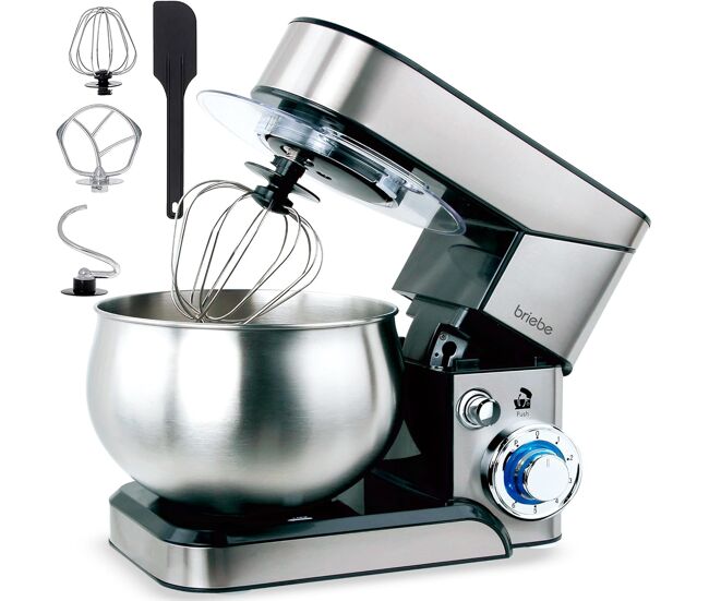 Briebe km1114 batedeira planetária com taça profissional, robô de cozinha, 5l, 6 velocidades, acessórios, 1800, acier inox