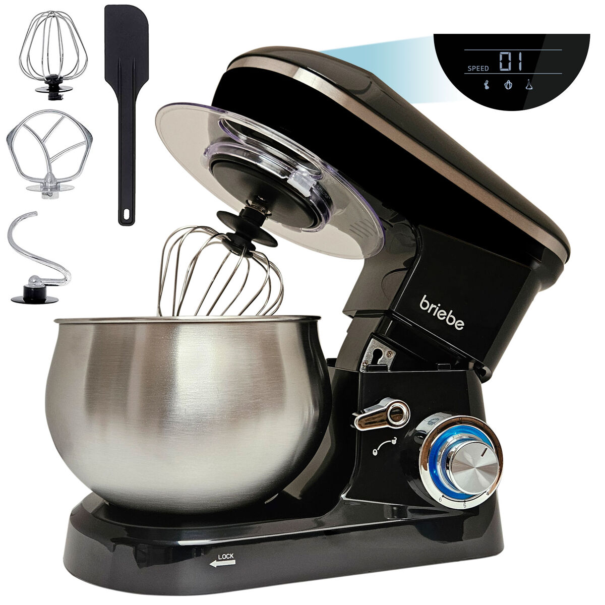 Briebe km1164 batteur planetaire avec cuve professionnelle, robot de cuisine, 5l, 6 vitesses, écran tactile led, 1800, noir