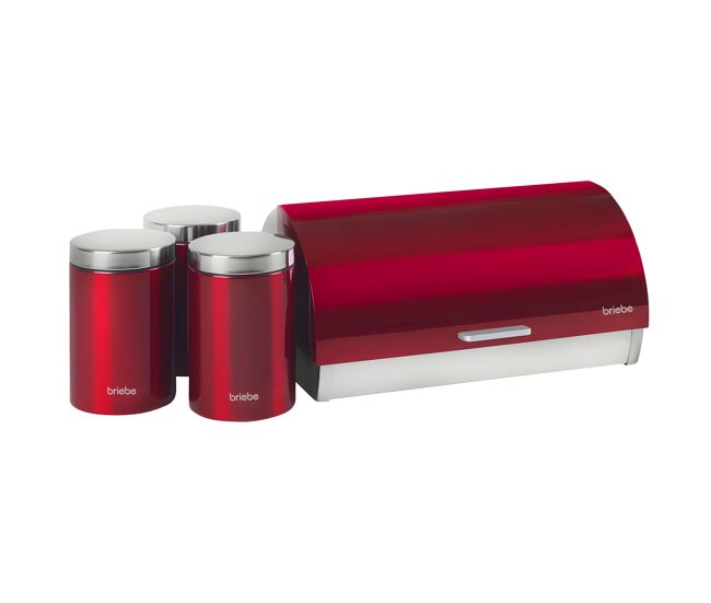 Briebe bb1161 conjunto de caixa de pão + 3 boiões de cozinha aço inoxidável, contentor com tampa deslizante, , vermelho / aço inoxidável