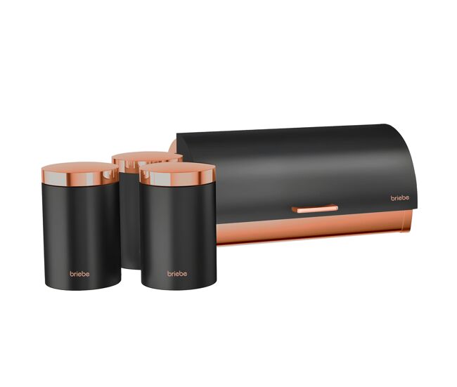 Briebe bb1161 conjunto de caixa de pão + 3 boiões de cozinha acier inox, contentor com tampa deslizante, , noir mate/ouro rosa