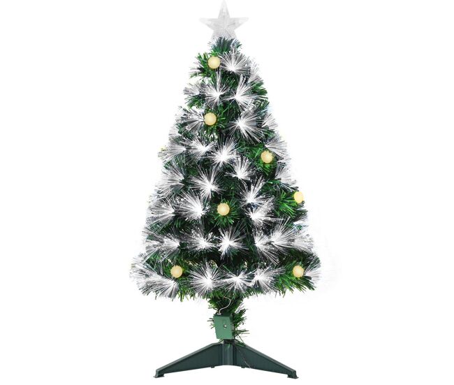 Homcom árvore de natal 90 cm árvore de natal com fibra óptica árvore de natal artificial com 90 luzes led e 90 ramos para interior verde e branco