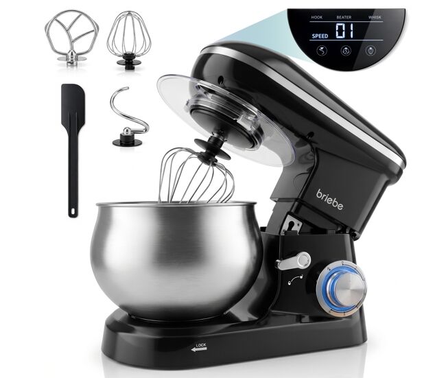 Briebe km1164b batedeira planetária com taça profissional, 5l, 6 velocidades,tela tátil led + balança de cozinha, 1800, noir