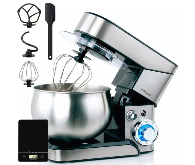 Briebe km1114b batedeira planetária com taça profissional, robô de cozinha, 5l, 6 velocidades + balança de cozinha, 1800, acier inox