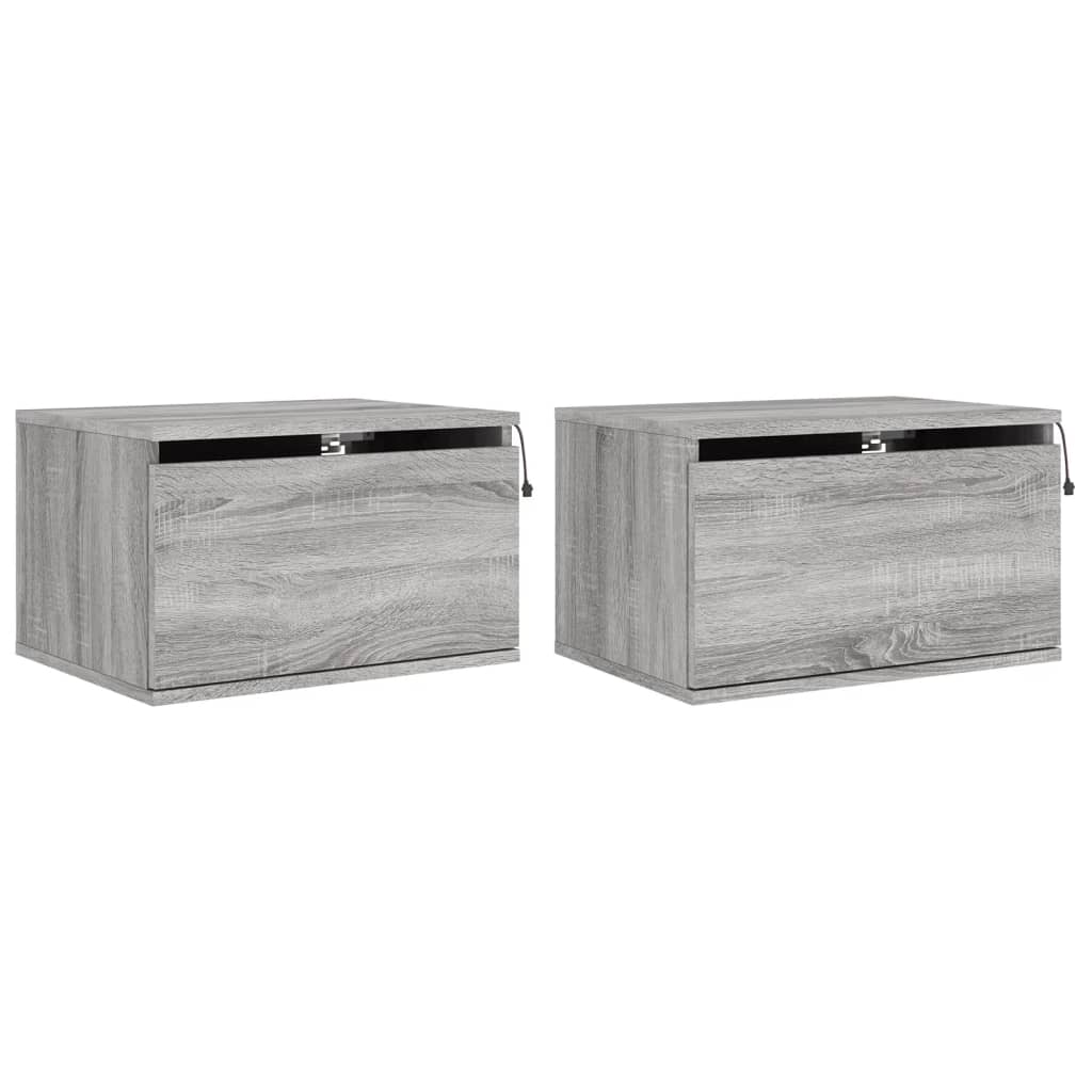 Vidaxl mesas de cabeceira de parede com luzes led 2pcs cinzento sonoma