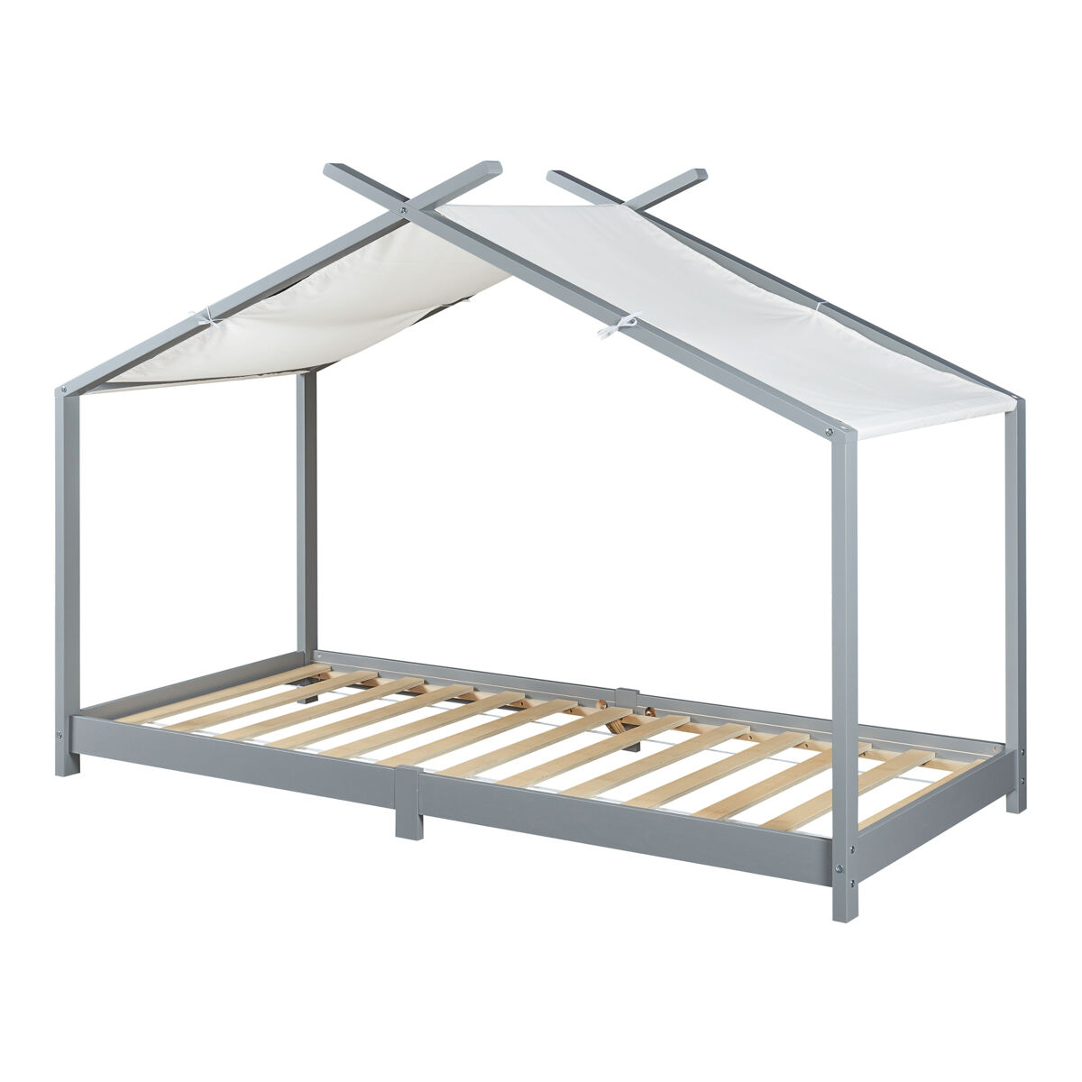 Cama de criança brome forma casita com teto de pinho 90 x 200 cm - cinzento e branco [en.casa]