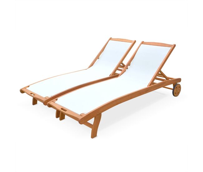 Espreguiçadeira de madeira multiposições com rodízios, set de 2, marbella, branco, 196x68x91 cm