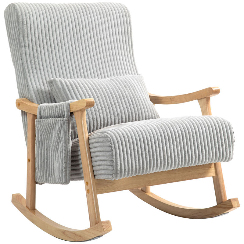 Homcom cadeira de baloiço, cadeira de baloiço em veludo cotelê com almofada lombar, estrutura em madeira, assento largo, bolso lateral, estilo moderno, carga máxima 120 kg, para quarto e sala, gris