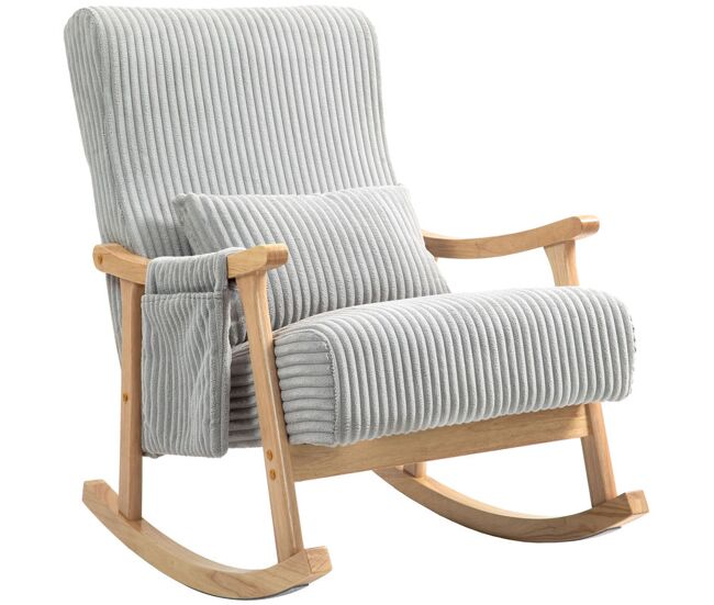 Homcom cadeira de baloiço, cadeira de baloiço em veludo cotelê com almofada lombar, estrutura em madeira, assento largo, bolso lateral, estilo moderno, carga máxima 120 kg, para quarto e sala, gris