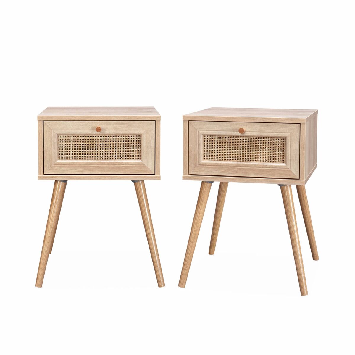 Mesa de cabeceira com efeito de madeira e cana, set de 2, boheme, natural, 39x39x55.4 cm