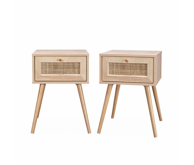 Mesa de cabeceira com efeito de madeira e cana, set de 2, boheme, natural, 39x39x55.4 cm