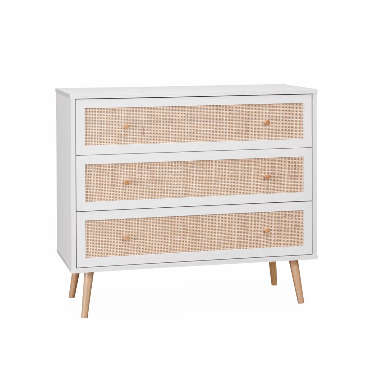 Cómoda com efeito madeira e cana de 3 gavetas, boheme, blanc sujo, 90x39x79 cm