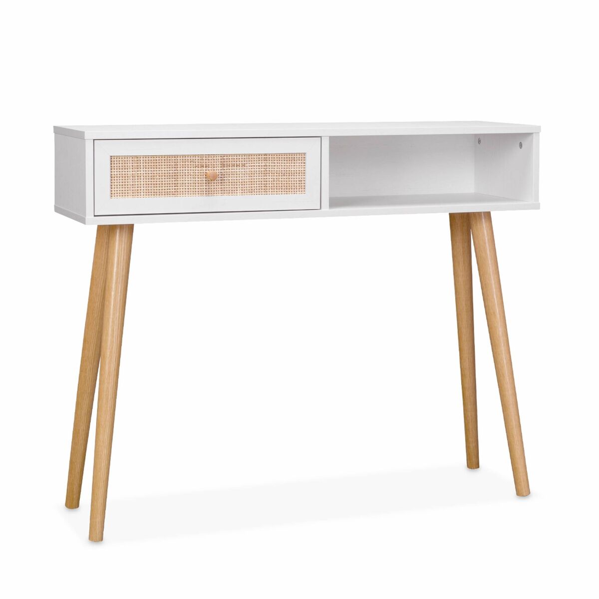 Consola escandinava com efeito de madeira e cana, 100cm, boheme, branco sujo, 100x29x81 cm