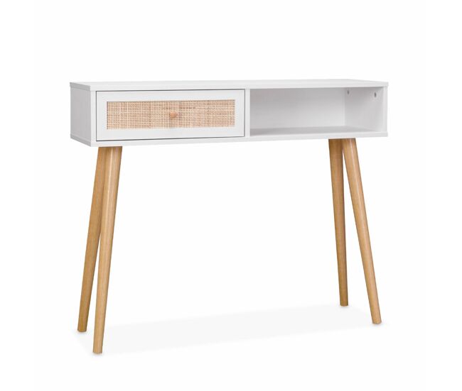 Consola escandinava com efeito de madeira e cana, 100cm, boheme, branco sujo, 100x29x81 cm